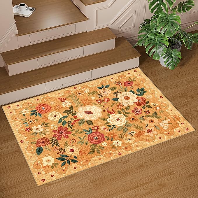 DUKINO 2x3 Rugs for Entryway, Floral Indoor Washable Door Mat, Non Slip Boho Small Rug for Kitchen, Soft Low Pile Front Door Throw Rug for Entrance, Bedroom, Kitchen, Laundry, Bathroom, Orange