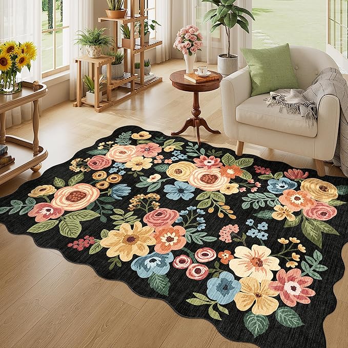 DUKINO 4x6 Area Rug, Floral Non-Slip Indoor Washable Rug with Low Pile & Non-Shedding, Lightwight Boho Design Carpet for Entryway, Bedroom, Kids Room, Living Room, Kitchen, Black