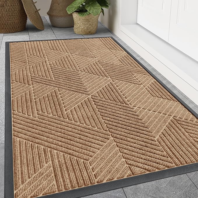 Smiry Front Door Mat Outside Entrance, Heavy Duty Sturdy Natural Rubber Doormat, Trap Dirt and Moisture, Easy Clean Low Profile Mats for Indoor Outdoor Entry, Irregular Triangle (59x24, Coffee)