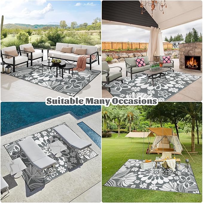 Ileading Outdoor Plastic Straw Rug 6x9ft Funny Floral Style Reversible Patio Area Rugs Waterproof Non Shedding Portable Carpets for Rv Outside Deck Pool Beach Picnic Camping (Grey)