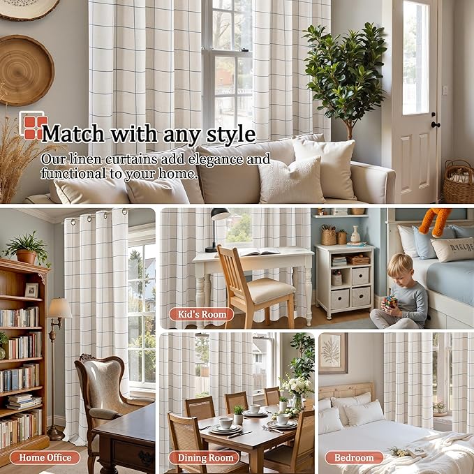 Navy Blue Plaid Patterned Curtains Thermal Insulated - 96 Inches Extra Long Total Linen Blackout Curtains for Living Room, Boho Drapery for Farmhouse Bedroom 52x96 Inch 2 Panels