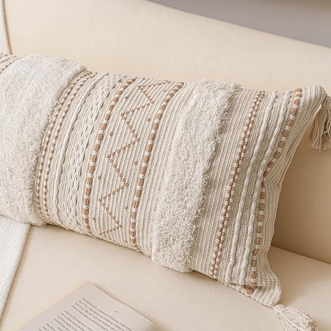 BlissBlush Decorative Lumbar Throw Pillow Cover 12x20 Combo Set of 2 Cream Neutral White Rectangular Boho Accent Pillowcase Farmhouse Cushion for Couch Sofa Bedroom Living Home Décor Cover ONLY