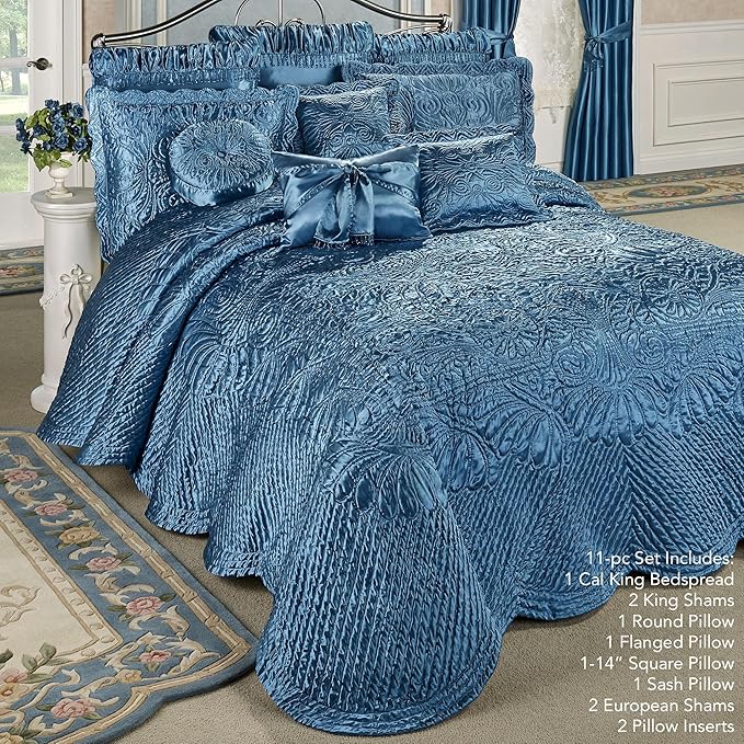 Portia Luxury Bedding | Sapphire | Quilted Polyester Satin | Hand Guided Machine Quilted Scroll Design | 11 Piece Set With Cal King Bedspread, 2 King Shams, 2 Euro Shams, 2 Euro Pillows, 4 Pillows
