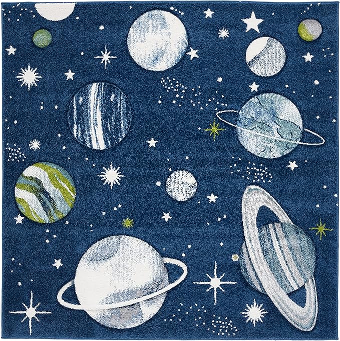 SAFAVIEH Carousel Kids Collection Area Rug - 3' Square, Navy & Ivory, Non-Shedding & Easy Care, Ideal for High Traffic Areas for Boys & Girls in Playroom, Nursery, Bedroom (CRK103N)