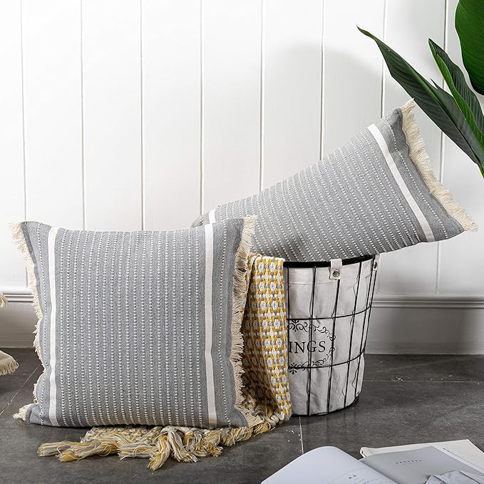 OJIA Modern Throw Pillow Cover with Tassels, Decorative Liana Fringe Accent Cushion Case, Farmhouse Woven Pillowcase for Sofa Chair Couch Bed Decor (Lumbar 18 x 18 Inches, Grey)