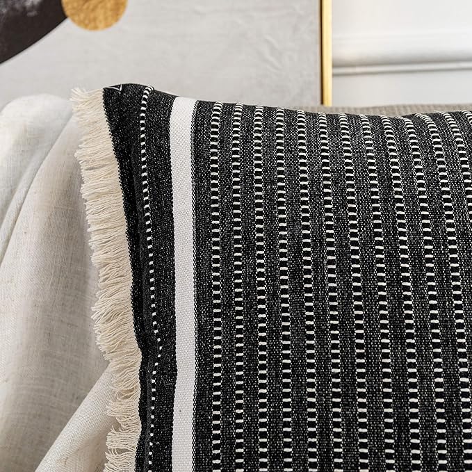 OJIA Modern Throw Pillow Cover with Tassels, Decorative Liana Fringe Accent Cushion Case, Farmhouse Woven Pillowcase for Sofa Chair Couch Bed Decor (Lumbar 18 x 18 Inches, Black)