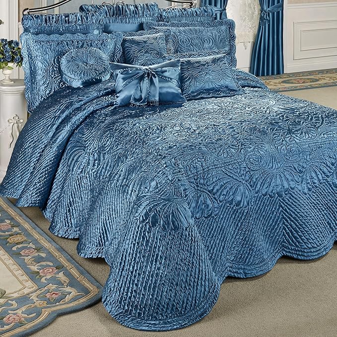 Portia Luxury Bedding | Sapphire | Quilted Polyester Satin | Hand Guided Machine Quilted Scroll Design | 11 Piece Set With King Bedspread, 2 King Shams, 2 Euro Shams, 2 Euro Pillows, 4 Pillows