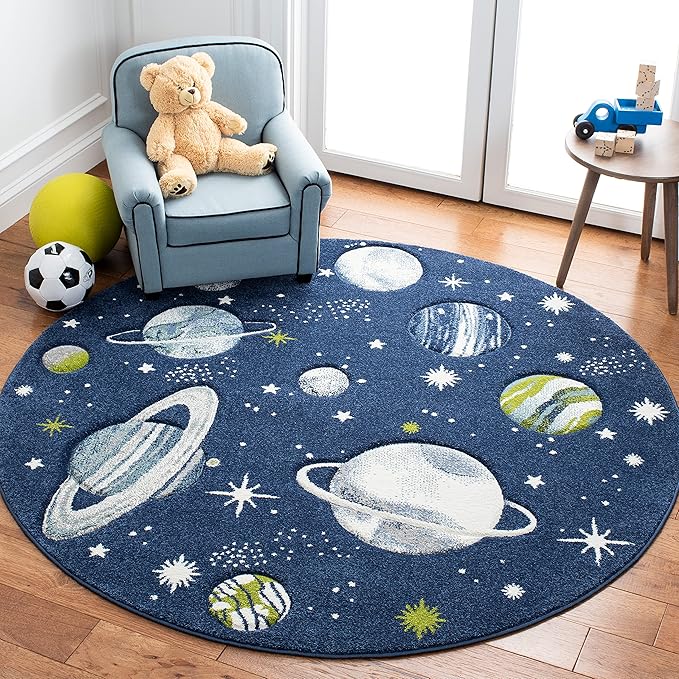 SAFAVIEH Carousel Kids Collection 3' Round Navy/Ivory CRK103N Outer Space Non-Shedding Playroom Nursery Bedroom Area Rug