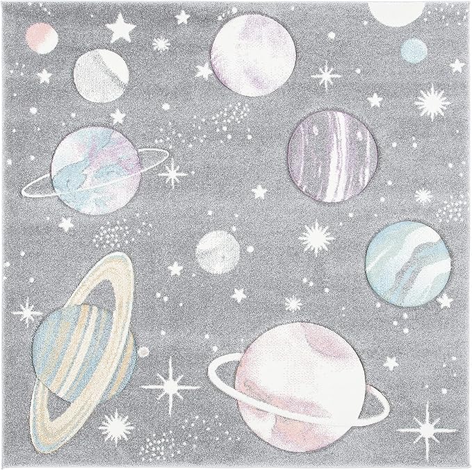 SAFAVIEH Carousel Kids Collection Area Rug - 8' Square, Grey & Lavender, Non-Shedding & Easy Care, Ideal for High Traffic Areas for Boys & Girls in Playroom, Nursery, Bedroom (CRK103F)