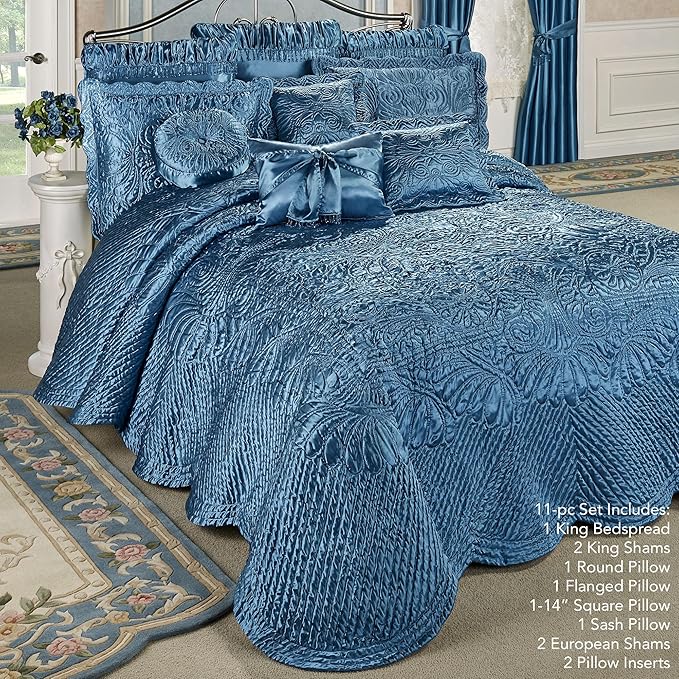 Portia Luxury Bedding | Sapphire | Quilted Polyester Satin | Hand Guided Machine Quilted Scroll Design | 11 Piece Set With King Bedspread, 2 King Shams, 2 Euro Shams, 2 Euro Pillows, 4 Pillows