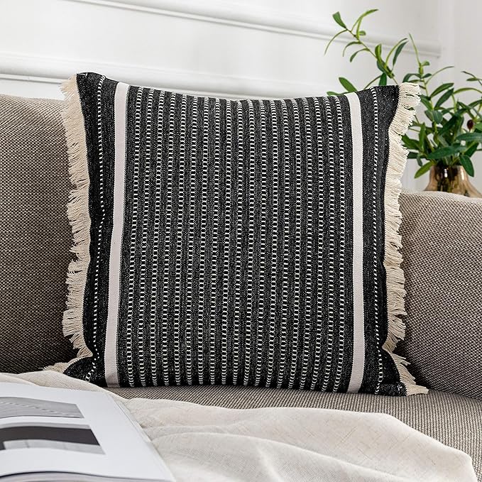 OJIA Modern Throw Pillow Cover with Tassels, Decorative Liana Fringe Accent Cushion Case, Farmhouse Woven Pillowcase for Sofa Chair Couch Bed Decor (Lumbar 18 x 18 Inches, Black)