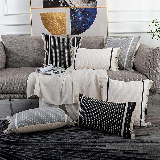 OJIA Modern Throw Pillow Cover with Tassels, Decorative Liana Fringe Accent Cushion Case, Farmhouse Woven Pillowcase for Sofa Chair Couch Bed Decor (Lumbar 18 x 18 Inches, Black)