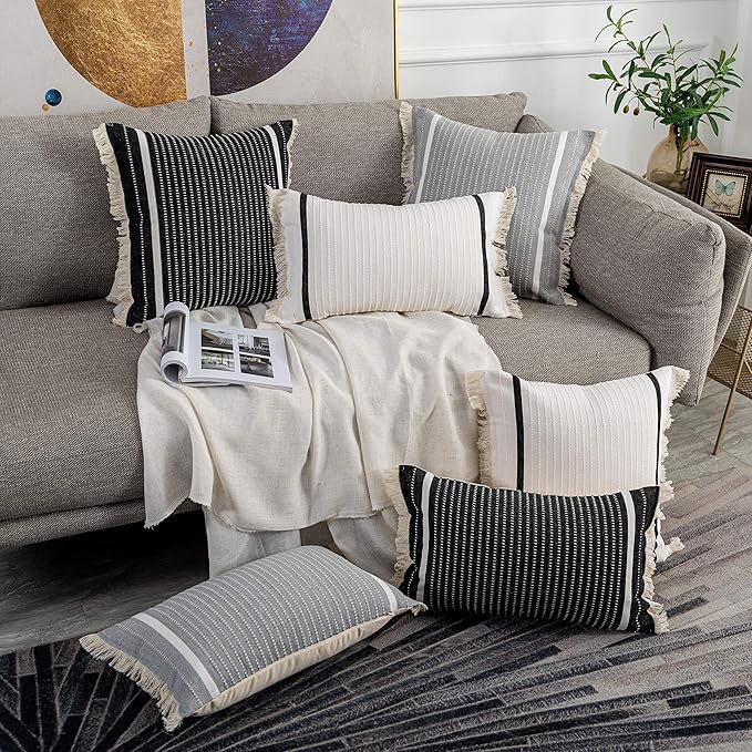 OJIA Modern Throw Pillow Cover with Tassels, Decorative Liana Fringe Accent Cushion Case, Farmhouse Woven Pillowcase for Sofa Chair Couch Bed Decor (Lumbar 18 x 18 Inches, Grey)