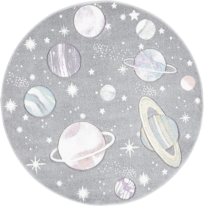 SAFAVIEH Carousel Kids Collection 8' Round Grey/Lavender CRK103F Outer Space Non-Shedding Playroom Nursery Bedroom Area Rug