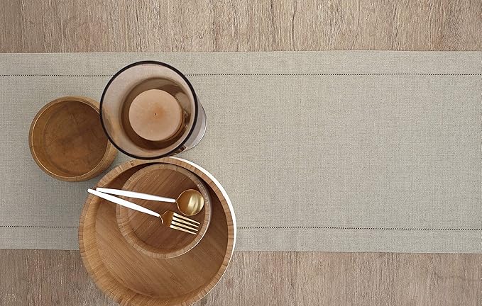 Solino Home Linen Natural Table Runner 144 Inches Long - 100% Pure Linen Extra Long Table Runner 14 x 144 Inch for Christmas, New Year - Classic Hemstitch