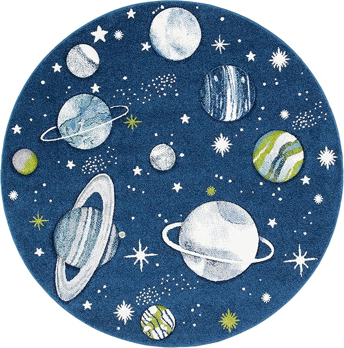 SAFAVIEH Carousel Kids Collection 3' Round Navy/Ivory CRK103N Outer Space Non-Shedding Playroom Nursery Bedroom Area Rug