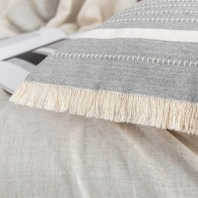 OJIA Modern Throw Pillow Cover with Tassels, Decorative Liana Fringe Accent Cushion Case, Farmhouse Woven Pillowcase for Sofa Chair Couch Bed Decor (Lumbar 18 x 18 Inches, Grey)
