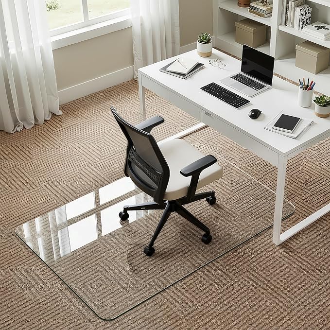 28"x48" Tempered Glass Office Chair Mat for Carpet & Hardwood Floor, 1/6" Thick Clear Floor Protector Desk Chair Mat with Rounded and Polished Edges