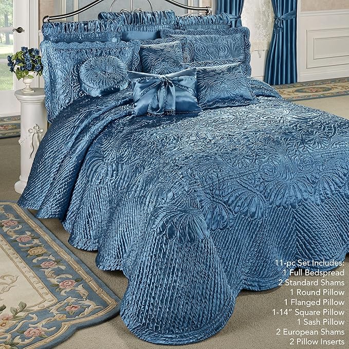Portia Luxury Bedding | Sapphire | Quilted Polyester Satin | Hand Guided Machine Quilted Scroll Design | 11 Piece Set With Cal King Bedspread, 2 King Shams, 2 Euro Shams, 2 Euro Pillows, 4 Pillows