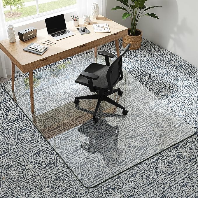 45"x60" Tempered Glass Office Chair Mat for Carpet & Hardwood Floor, 1/5" Thick Clear Floor Protector Desk Chair Mat with Rounded and Polished Edges