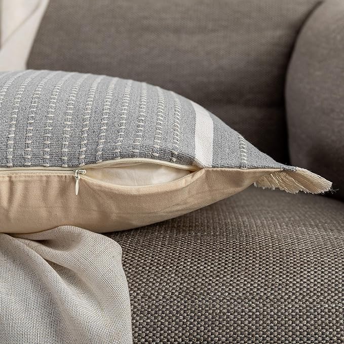 OJIA Modern Throw Pillow Cover with Tassels, Decorative Liana Fringe Accent Cushion Case, Farmhouse Woven Pillowcase for Sofa Chair Couch Bed Decor (Lumbar 18 x 18 Inches, Grey)