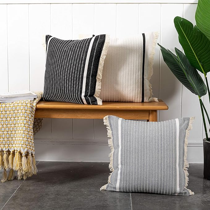 OJIA Modern Throw Pillow Cover with Tassels, Decorative Liana Fringe Accent Cushion Case, Farmhouse Woven Pillowcase for Sofa Chair Couch Bed Decor (Lumbar 18 x 18 Inches, Grey)