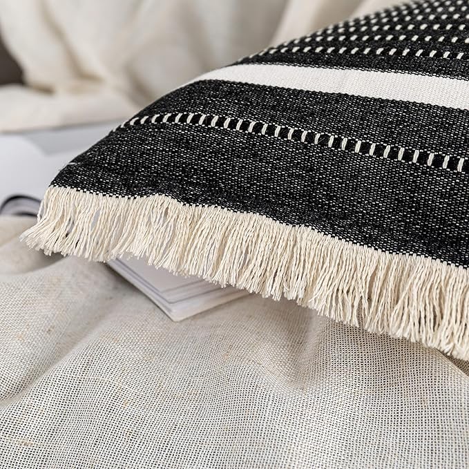 OJIA Modern Throw Pillow Cover with Tassels, Decorative Liana Fringe Accent Cushion Case, Farmhouse Woven Pillowcase for Sofa Chair Couch Bed Decor (Lumbar 18 x 18 Inches, Black)